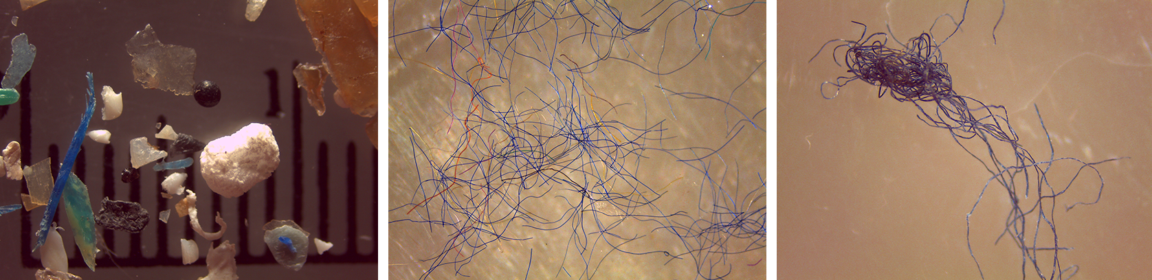 Three photos showing types of microplastics Three photos showing types of microplastics