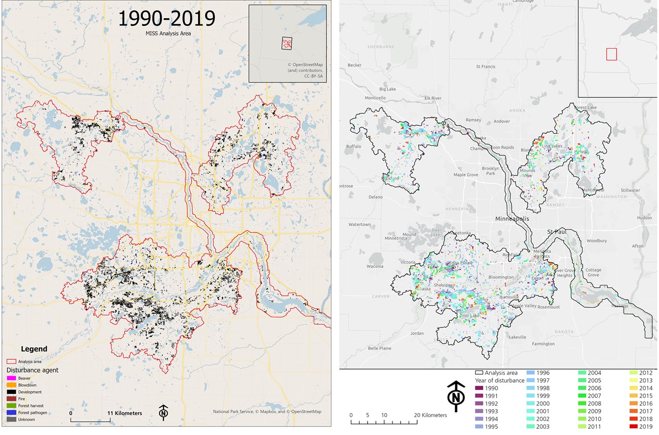 Side-by-side maps show the types of disturbances that occurred between 1990 and 2019 (left) and the years they occurred in that time (right).