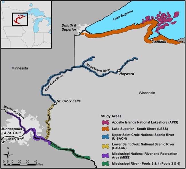 Contaminants study sites A map showing northwestern Wisconsin and eastern Minnesota