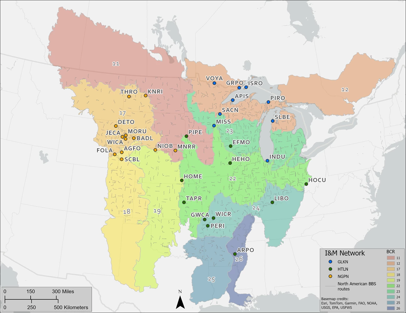 A map of the central and eastern United States with polygons indicating Bird Conservation Regions, four-letter acronyms next to dots indicating the name and location of parks. A map of the central and eastern United States with polygons indicating Bird Conservation Regions, four-letter acronyms next to dots indicating the name and location of parks.