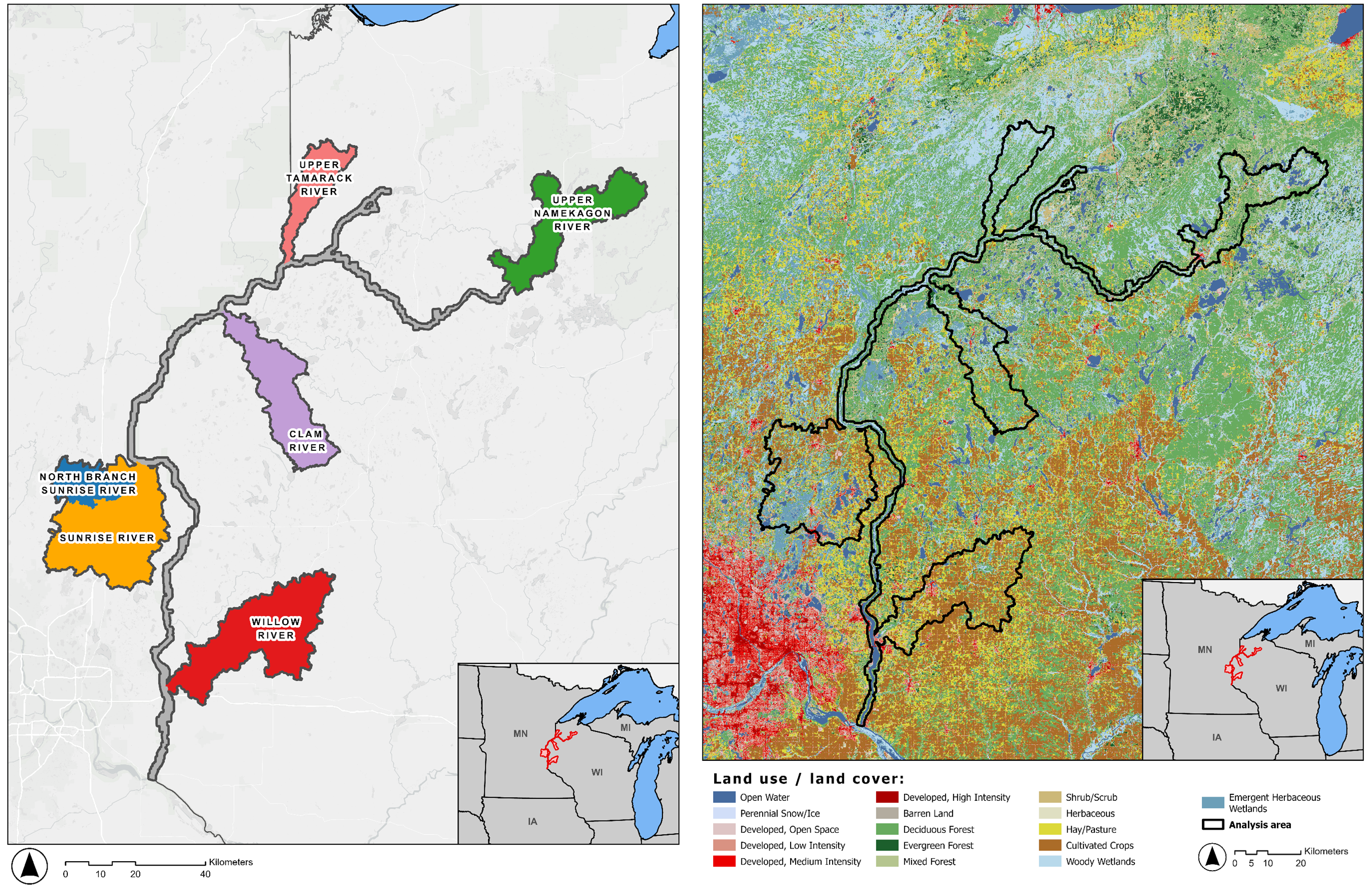 A pair of maps showing the national riverway boundary and six sub-watersheds. On the left, a gray-scale map with the sub-watersheds named. On the right, a multi-colored map with each color indicating a different type of land cover.