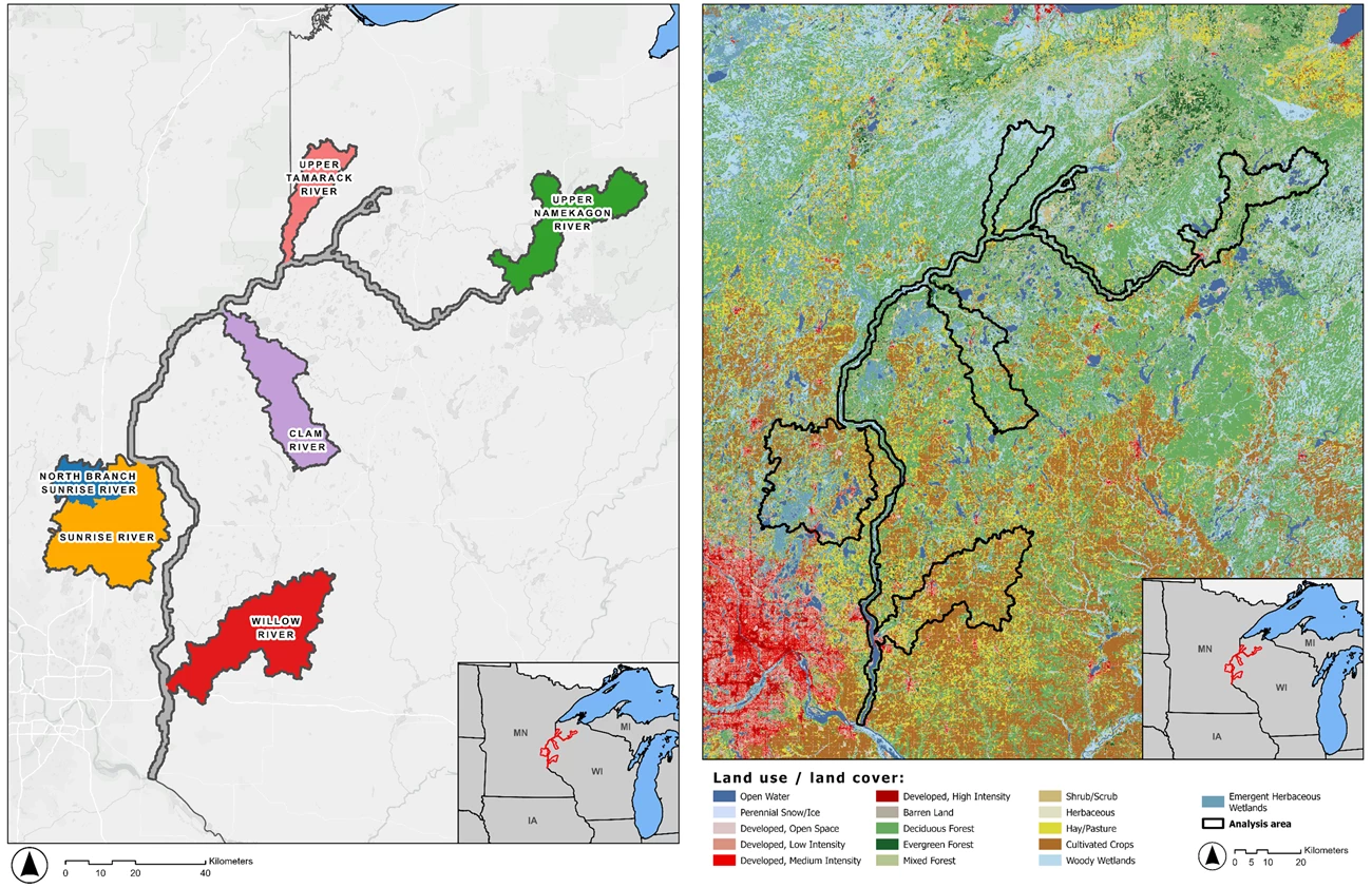Fig02-03_Web A pair of maps showing the national riverway boundary and six sub-watersheds. On the left, a gray-scale map with the sub-watersheds named. On the right, a multi-colored map with each color indicating a different type of land cover.