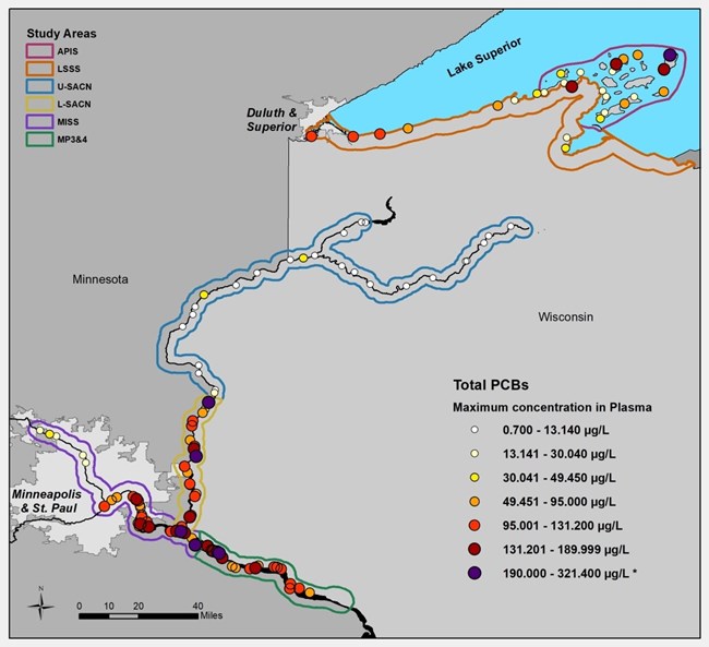 PCB in bald eagles Map of northwestern Wisconsin and eastern Minnesota showing distribution and amount of PCBs in eagles.