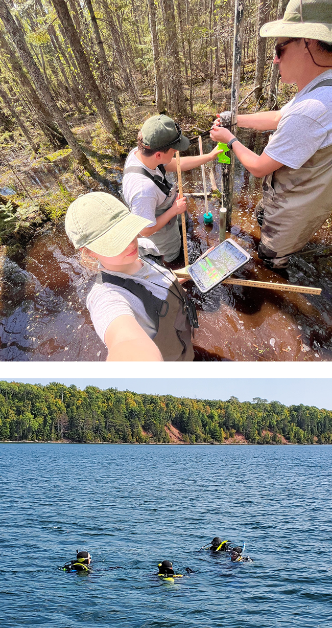 Top photo shows three people installing a recorder on a post in a forested wetland. Bottom shows scuba divers at the water's surface.