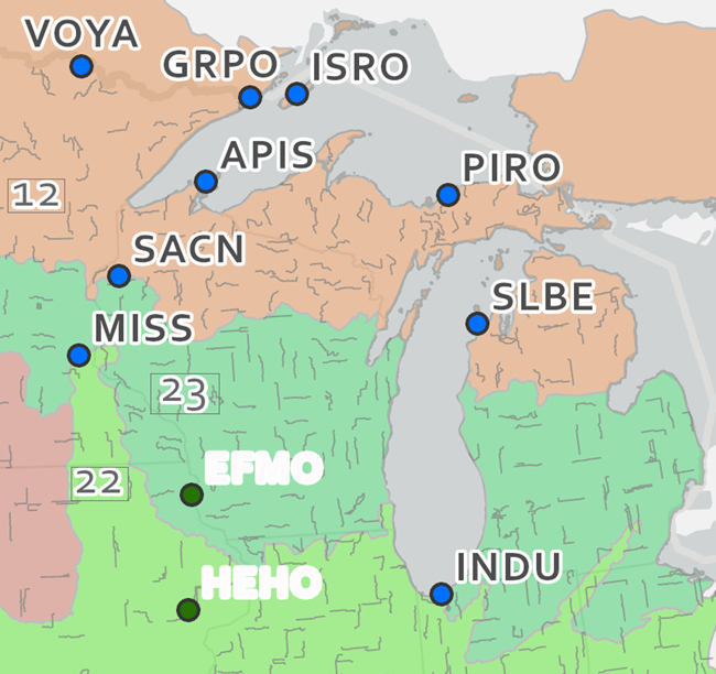 A map of the Great Lakes Network parks in Minnesota, Wisconsin, and Michigan, with polygons indicating Bird Conservation Regions in shades of red, orange, and green. A map of the Great Lakes Network parks in Minnesota, Wisconsin, and Michigan, with polygons indicating Bird Conservation Regions in shades of red, orange, and green.