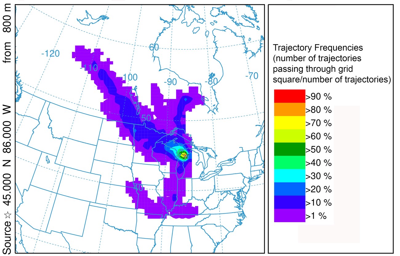 A map with blue outlines of Midwestern states and the Canadian provinces. A polygon of purple and blue with a small cell of green, yellow, orange and red in the center of it is centered over Wisconsin and extends south to Tennessee and north into Canada.