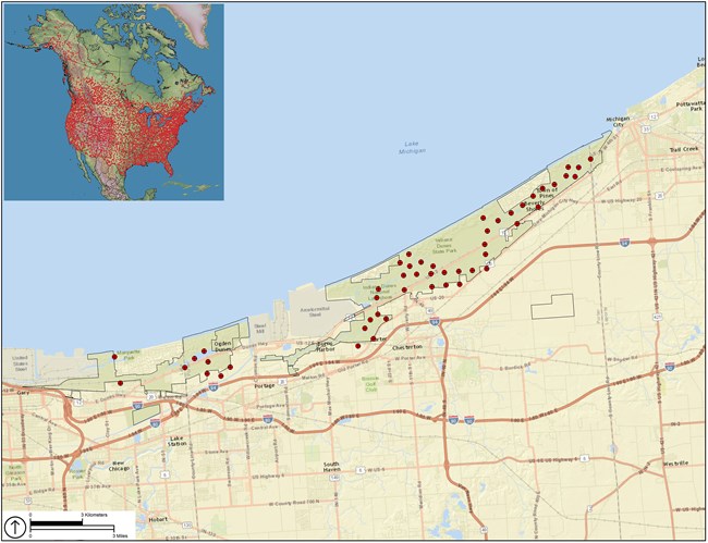 Large map showing red dots scattered throughout a tan map showing cities, highways, and a large blue lake (Lake Michigan). Inset of a blue and green map of the United States and Canada with red dots distributed thickly across the U.S. and north into Canad