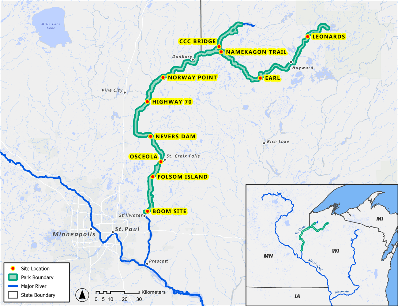 MacroInvert_Site_Locations A map showing the Namekagon and St. Croix Rivers, with the National Park Service boundary indicated in green. Black text highlighted in yellow show sample site locations along the rivers. An inset map shows the location in the larger region.