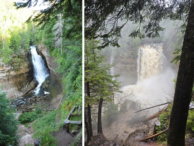 Two photos of a waterfall. Left: a narrow cascade on a sunny day Right: a torrent of water with a side channel spilling out beside it.
