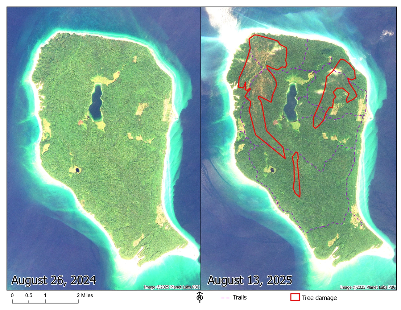 Satellite photos of North Manitou Island pre- and post-blowdown. Pair of satellite photos of North Manitou Island, one dated August 26, 2024, and the other photo dated August 13, 2025