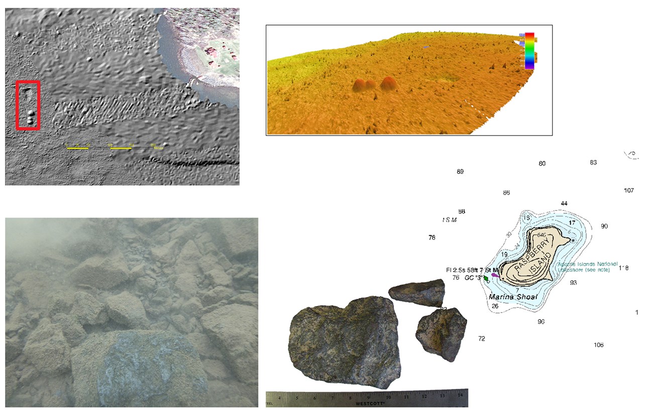 series of images showing bathymetric map and iron ore