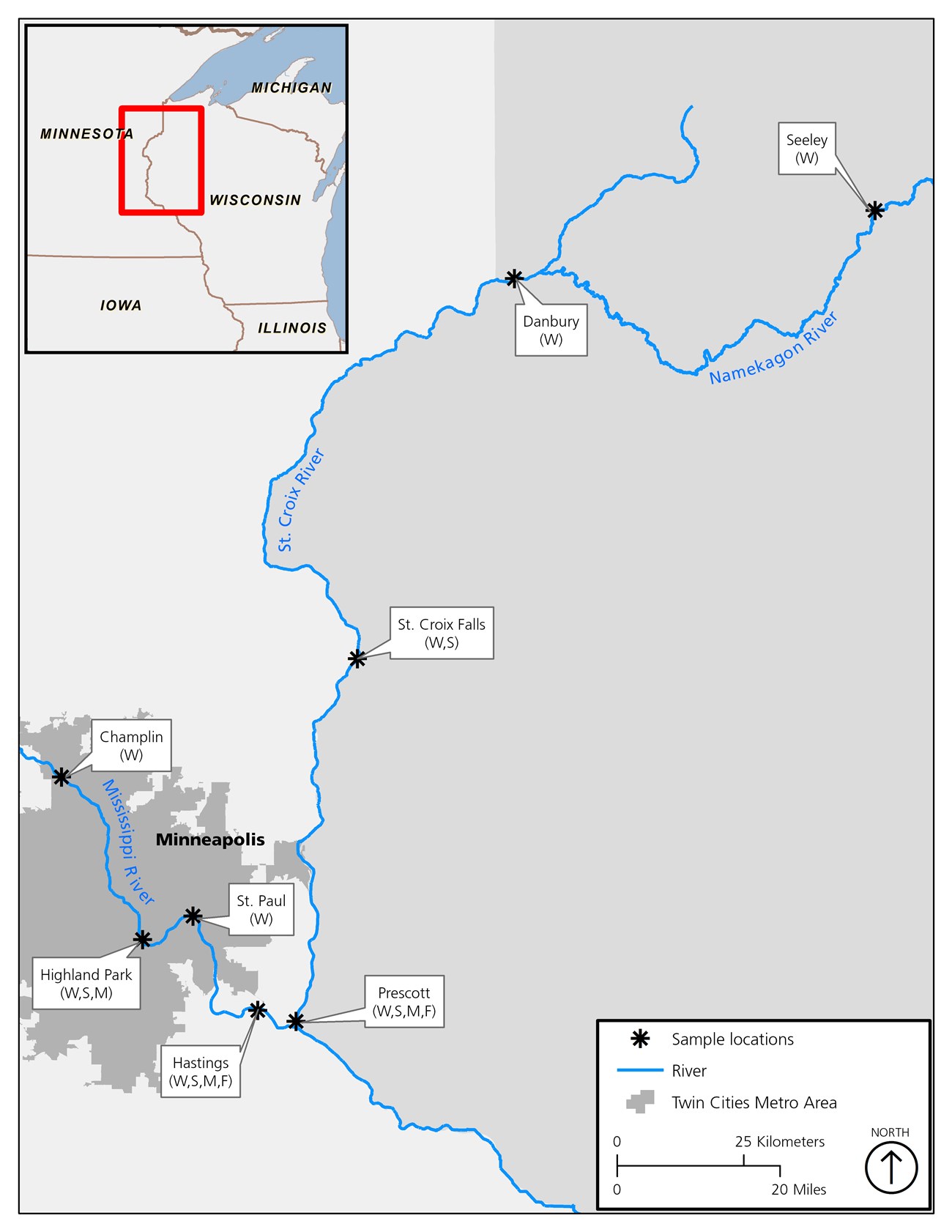 Map of Wisconsin and Minnesota showing study site locations