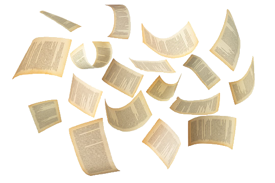 White pieces of paper with writing on them fly about as if scattered by wind.