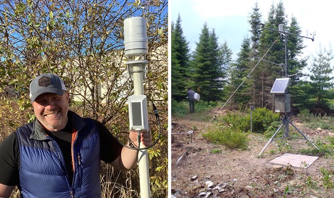 Two photos. On the left, a smiling man holds a pole as tall as he is. On the pole are a white, oblong device on top and a small, square solar panel just below. Right photo shows a tall weather station on bare ground surrounded by trees.