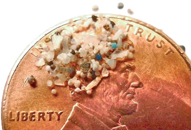 Microplastics scattered on part of a penny