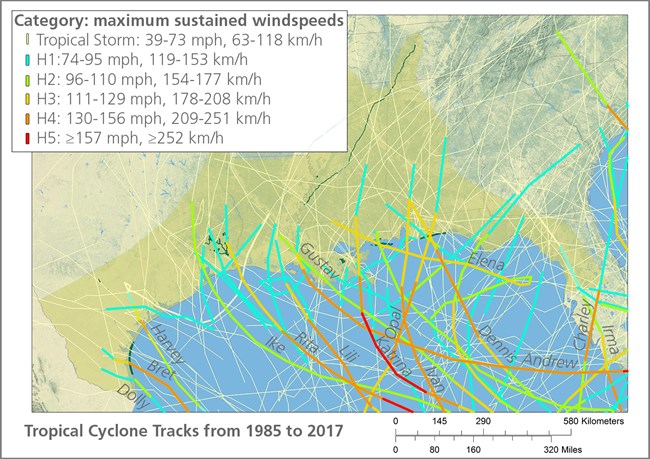 Map showing the tracks of tropical cyclones in the Gulf of Mexico from 1985 to 2017. The Gulf Coast Network is shaded yellow and network parks are outlined in dark green.