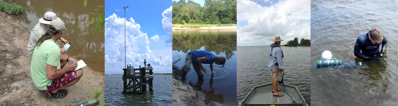 Compilation of water quality monitoring methods used in the Gulf Coast Network five images showing a range of methods for collecting water quality data