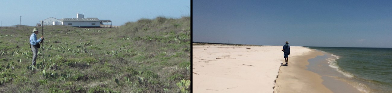 Image on the left is a crew member measuring elevations at Padre Island NS. Image on the right is a crew member walking the high tide swash line with a handheld GPS to collect data for the shoreline position protocol.