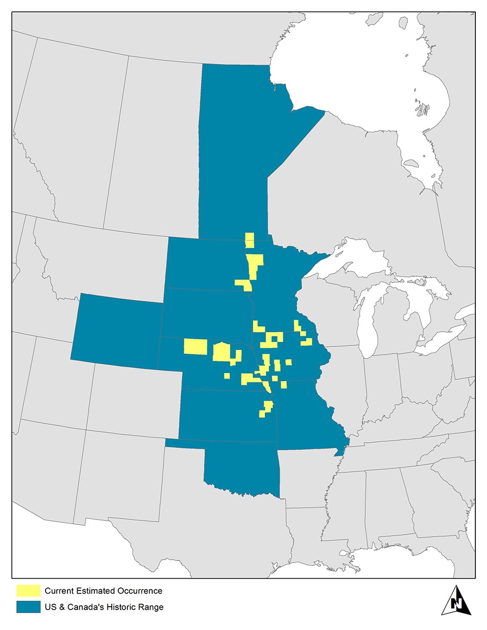 Map depicting the decline in range of the Western Prairie Fringed Orchid.