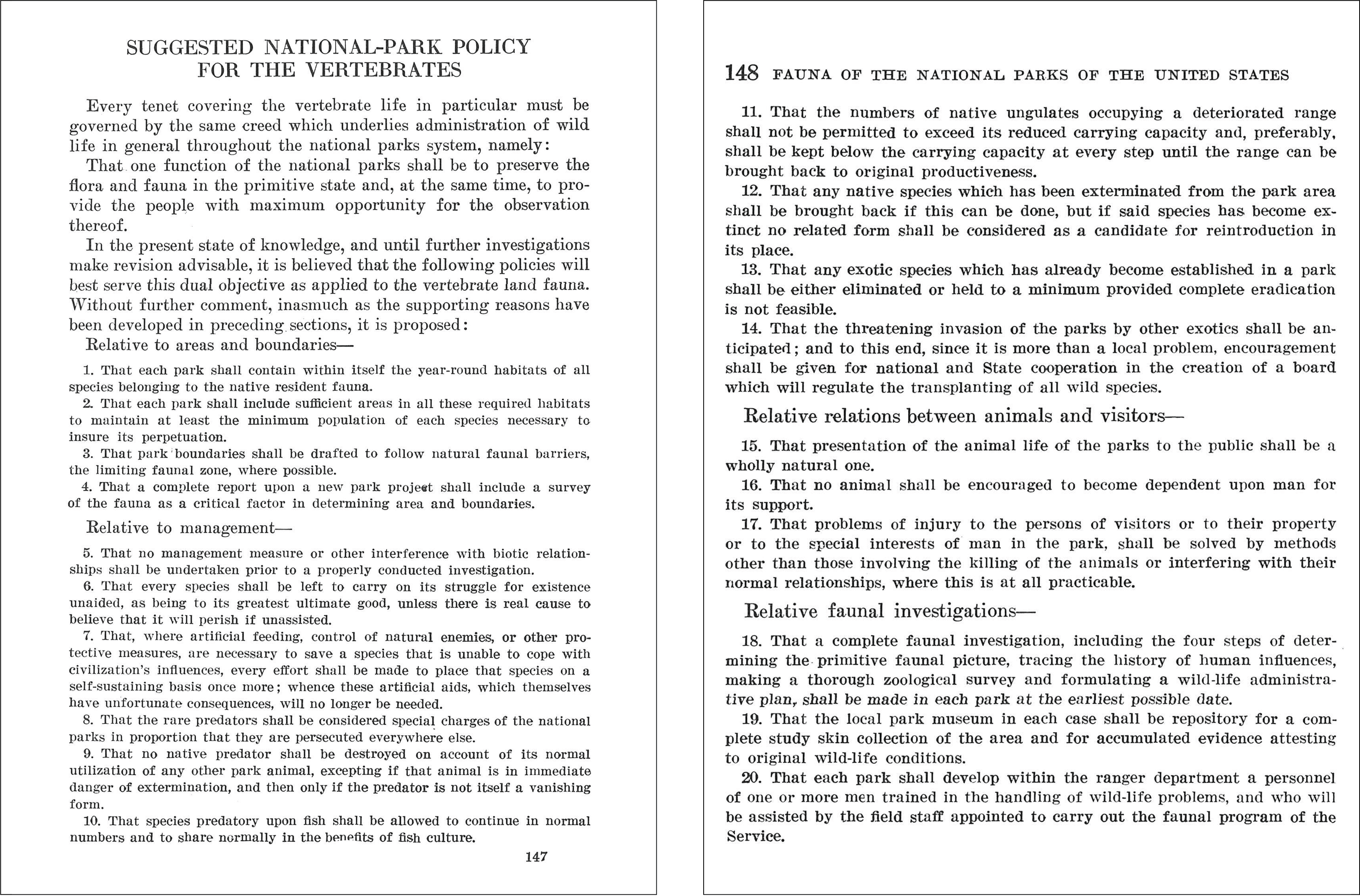 Pages 147 and 148 of Fauna No. 1, with the heading, “Suggested National-Park Policy for the Vertebrates.