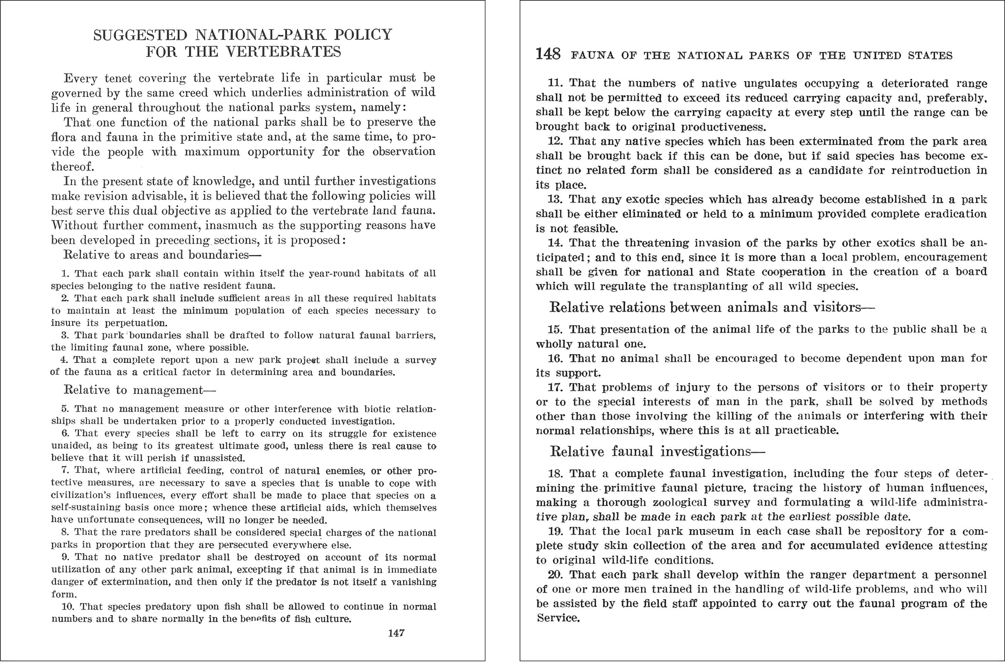 Pages 147 and 148 of Fauna No. 1, with the heading, “Suggested National-Park Policy for the Vertebrates. Pages 147 and 148 of Fauna No. 1, with the heading, “Suggested National-Park Policy for the Vertebrates.
