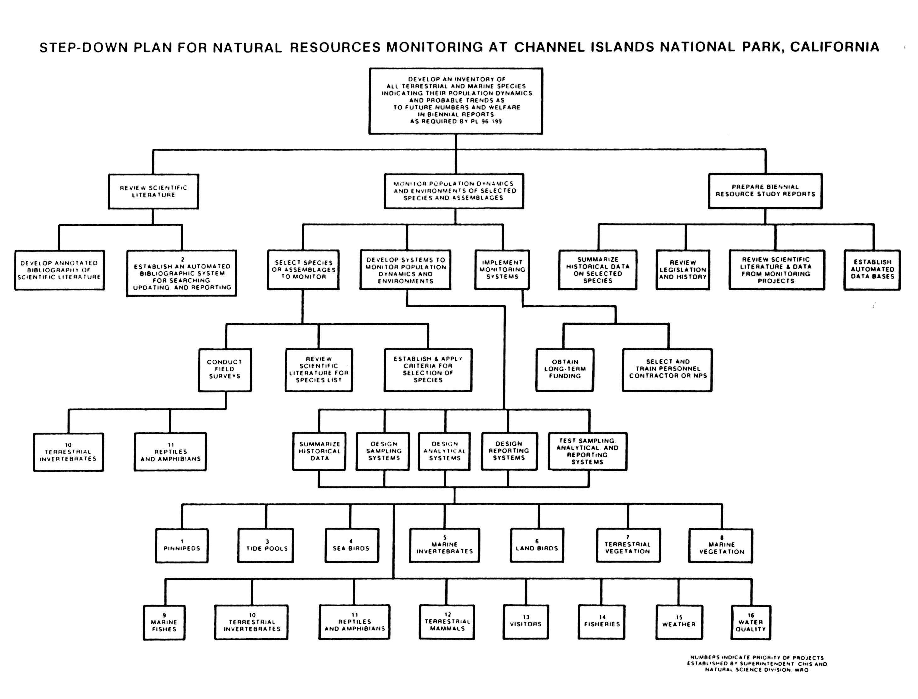 Six-step flow chart showing the start and development process for natural resources monitoring at Channel Islands National Park.