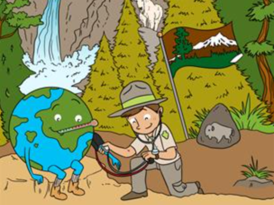 Cartoon of person in NPS uniform taking Earth's temperature. Cartoon of person in NPS uniform taking Earth's temperature.