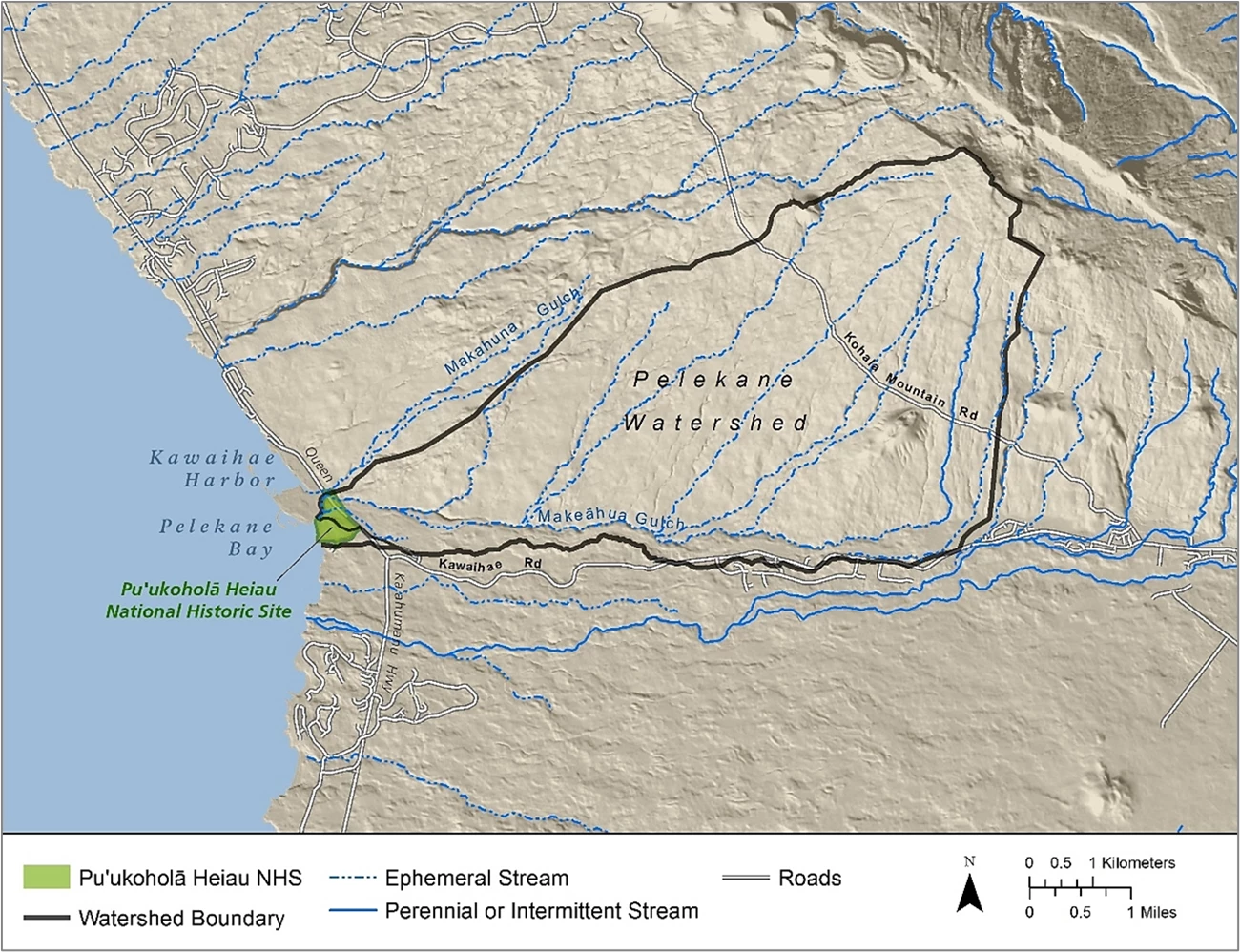 Figure 5 Figure 5. Pelekane Bay watershed. The northern half of Puʻukoholā Heiau NHS drains to Pōhaukole and Makeāhua Gulches; the southern half of the Puʻukoholā Heiau NHS drains directly to the ocean.