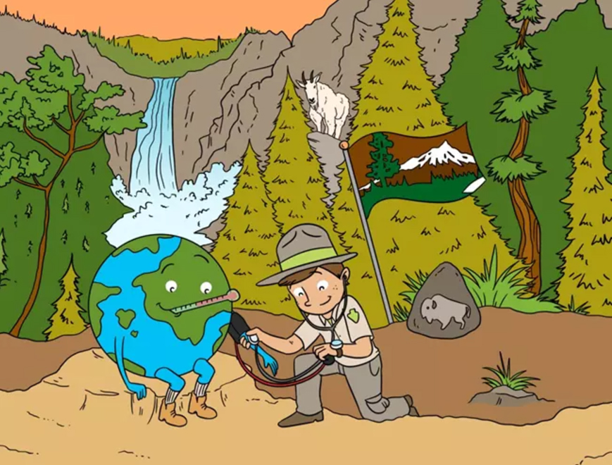 Cartoon of a park ranger taking Earth's pulse. Cartoon of a park ranger taking Earth's pulse.