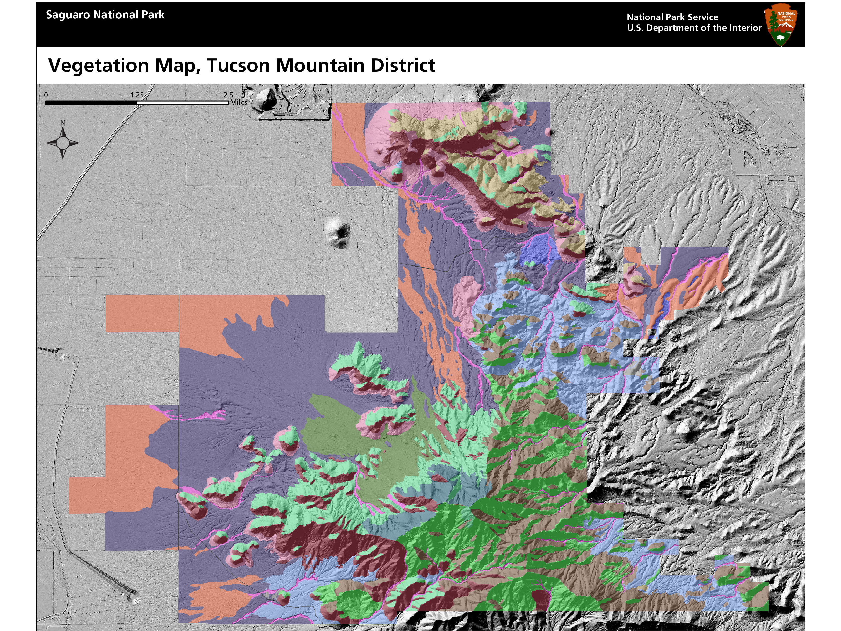 Map of Saguaro National Park's Tucson Mountain District with different colors showing locations of different plant communities. Map of Saguaro National Park's Tucson Mountain District with different colors showing locations of different plant communities.