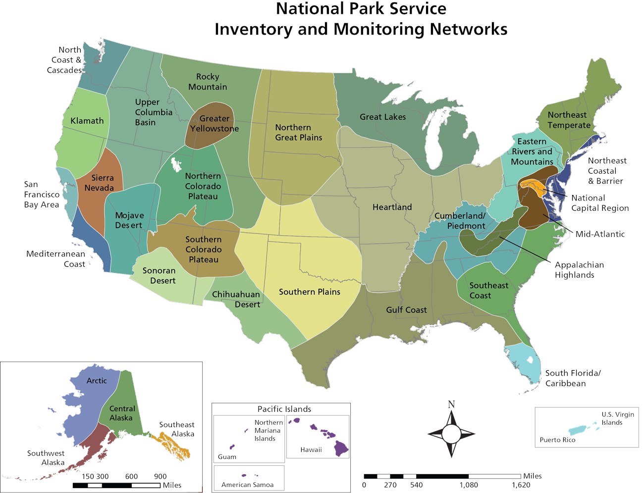 IM_Network_Map Map of the United States with the 32 Inventory and Monitoring Networks. Network boundaries cross state lines; for example, the Gulf Coast Network includes parts of coastal Texas, Louisiana, Mississippi, Alabama, and Florida.