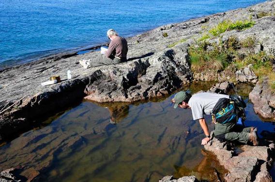 Man in NPS uniform crouches to look into a rock pool at the edge of a blue lake. Another man sits at the edge of the pool, writing.
