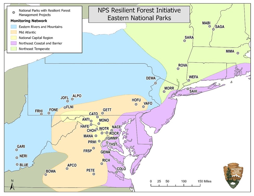 RFI parks Map of the eastern US, showing the location of the I&M networks and parks involved in the Resilient Forests Initiative.