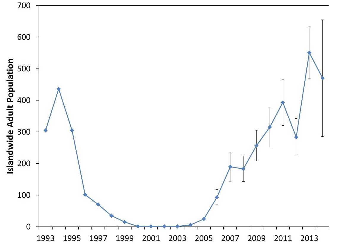Line graph showing the San Miguel island fox population plummet in the mid 1990s followed by an overall population rise since the mid 2000s