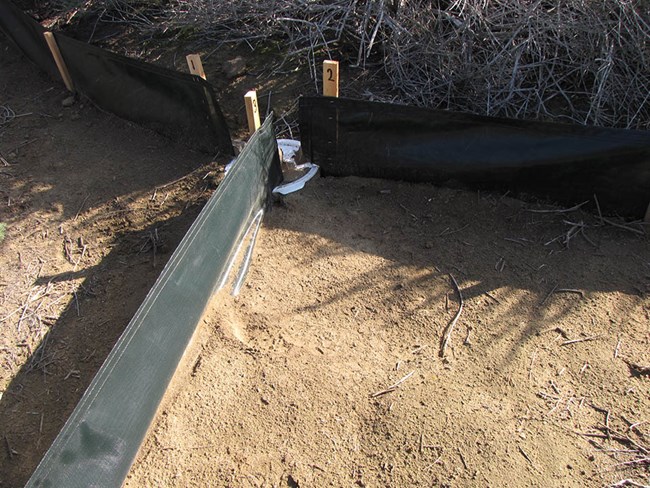 Three low, black fences converge on a white bucket embedded in the ground