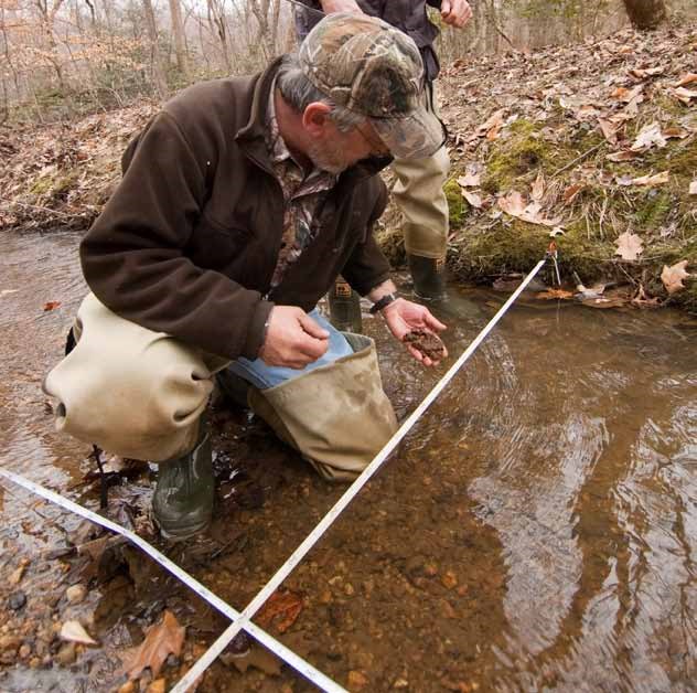 Benthic macroinvertebrate sampling Person kneeling in a creek holding a handful of mud and rocks from the creekbed