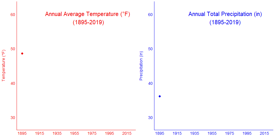 combined_2020 Line figures of annual average temperature and annual total precipitation for the Mid-Atlantic from 1895-2019. Both parameters show increasing trends.