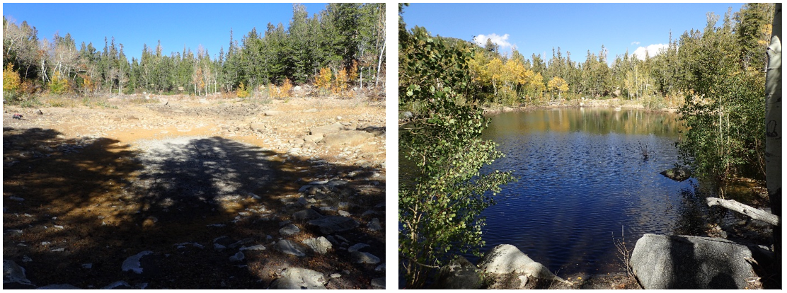 Two photos show dry lakebed on left and lake full of water on right