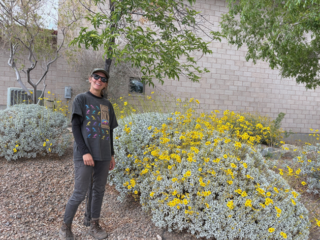 Janelle Lincks, Vegetation Techncician Smiling woman in gray t-shirt and pants stands next to a large desert shrub in full bloom of yellow flowers