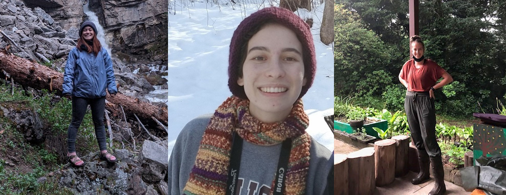 Composite of three photos: woman in blue park standing by waterfall, woman with hat and scart in snowy scene, woman in rubber boots near a garden