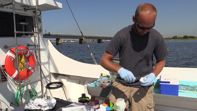 collecting water quality sample at Jamaica Bay, Gateway National Recreation Area collecting water quality sample at Jamaica Bay, Gateway National Recreation Area