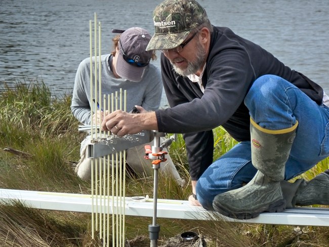 Surface Elevation Table A biologist reads the Surface Elevation Table in a saltmarsh.