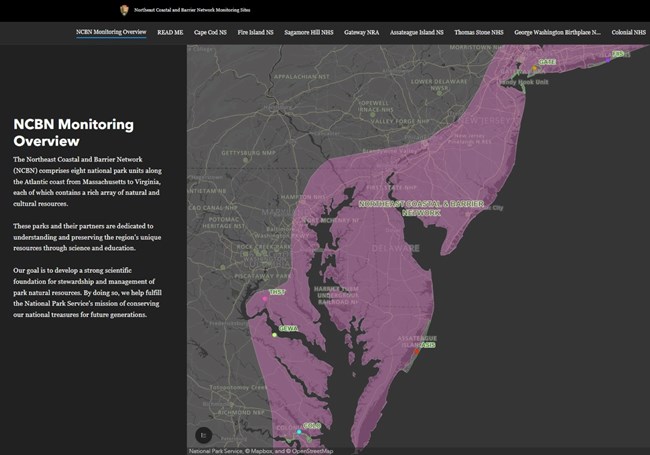 Screenshot of StoryMap with grey background and white text to the left, and a map of northeast USA with purple highlighted areas on the right.