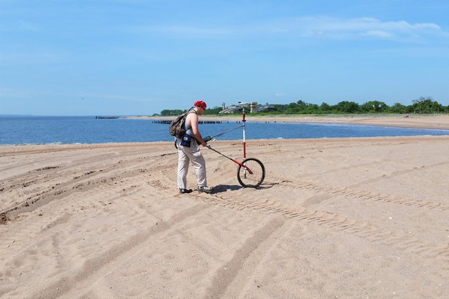 Researcher rolling GPS contraption along beach