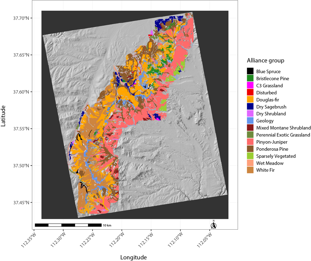 Bryce Canyon National Park has 15 vegetation alliance groups. A map of the 15 vegetation alliance groups found in Bryce Canyon National Park. The west side of the park is covered by large areas of Douglas-fir and white Fir, while the east side is covered by large areas of pinyon-juniper.