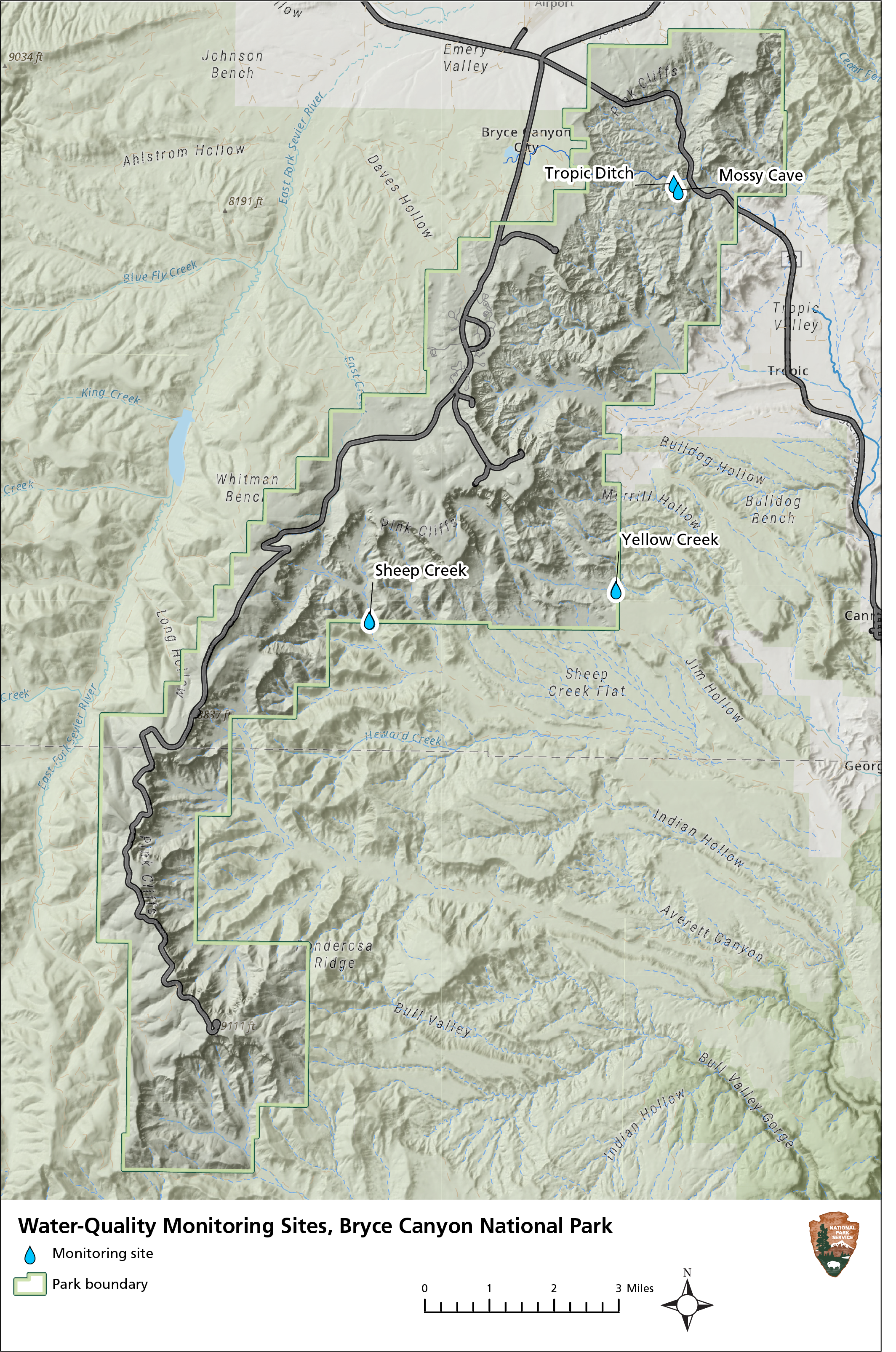 Map of Bryce Canyon NP showing location of monitoring sites.