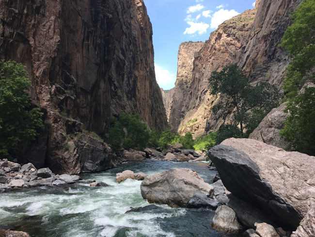 Black Canyon Narrows NPS Gunnison River rushes through steep, narrow canyon walls at Black Canyon's tightest point.