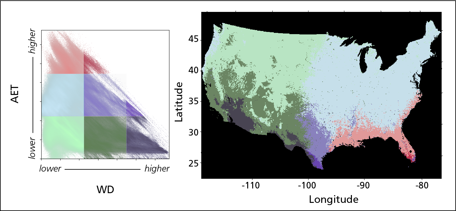 Map of US with different colors representing gradient of wetting and drying, plus color key.