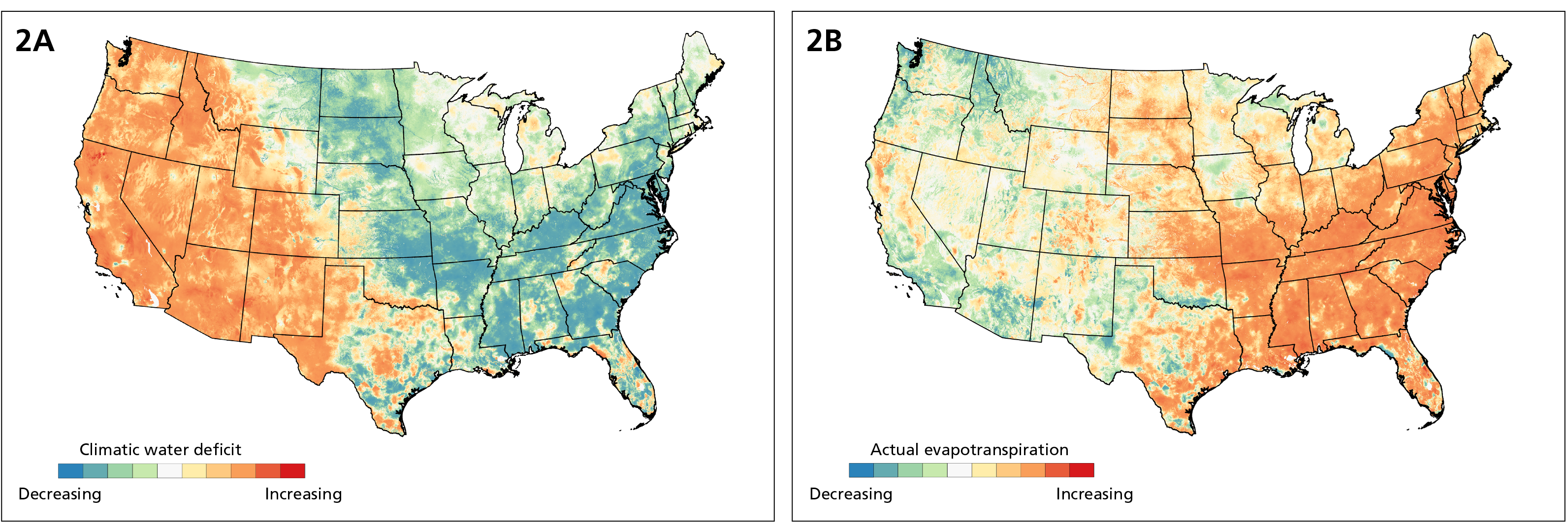 Two maps of US. One shows water deficit higher in the West. The other shows AET higher in the East.