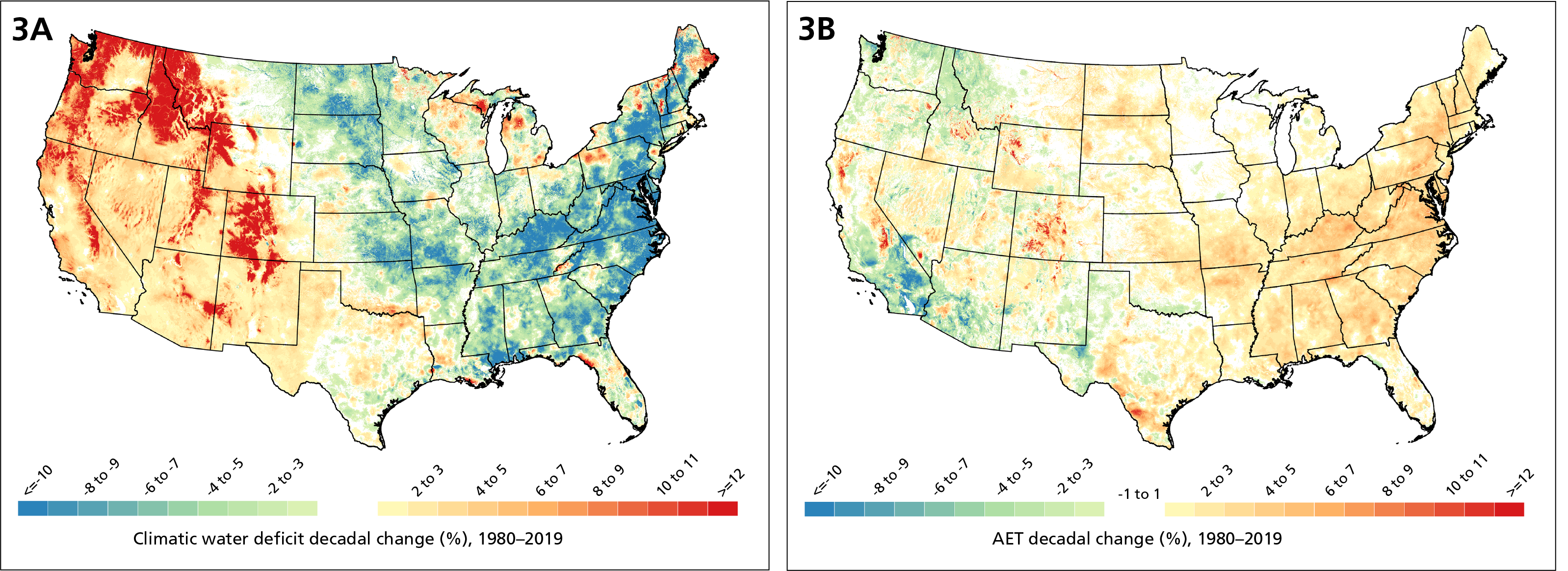 Two maps of continental US. One shows a high rate of change for water deficit in the West. The other shows a high rate of change of AET in the East.